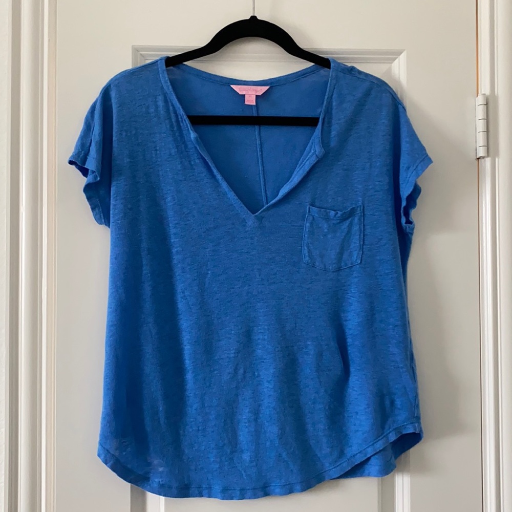 Lilly Pulitzer Blue 100% Linen V-neck Top